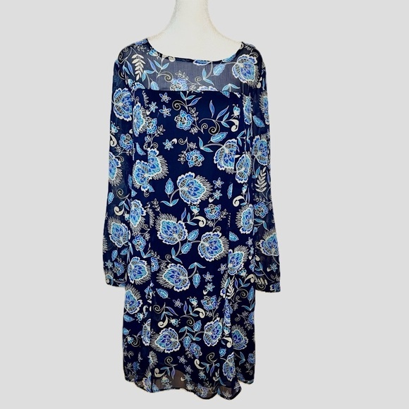The Limited Navy Blue Sheer Floral Long Sleeve Shift Dress - Size 10 - Picture 2 of 10